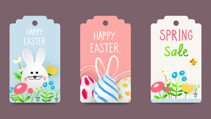 Easter tags, labels with cute bunny. Trendy Easter design with typography, hand drawn strokes, flowers and eggs, bunnies in pastel colors. Modern minimalist style. Vector