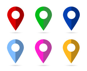 Simple Vector Set 6 Map Pointer with soft shadow, Flat Color isolated on white