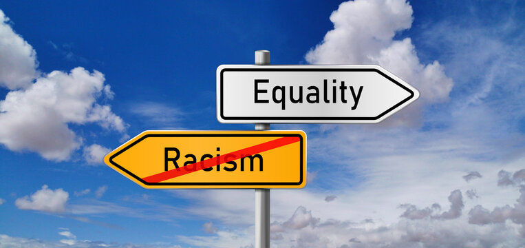 Equality or racism, opposite signs, opposite signs with blue sky background, equality vs racism, road sign, opposite sign