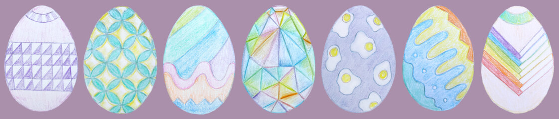 Easter horizontal edging. 7 eggs decorated with cool nice ornaments on a lilac background. Pattern. Drawn by hand with colored pencils.