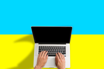 illustration of a computer attacked by hacker cybercrime with ukraine flag background