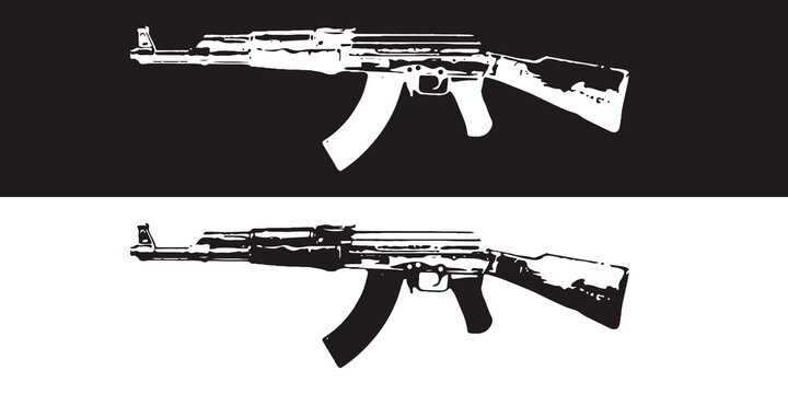 Black and white AK 47 Kalashnikov on a white background. Vector illustration design. Vector flat illustration. Rifle close-up.