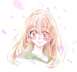 セーラー服の女子学生　桜吹雪