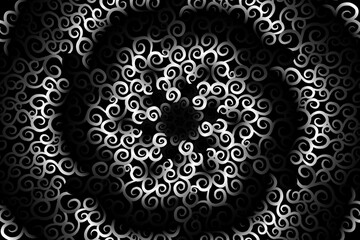 seamless circular circle  Black and white caleidoscope gradient flower art pattern of indonesian traditional tenun batik ethnic dayak ornament for wallpaper ads background 
