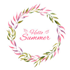 Fototapeta na wymiar Round frame with pink and green branches on a white background. Cute, bright wreath, summer poster.