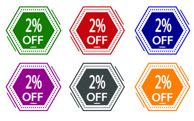 2% discount on colored label. special offer icon for stores green, red, blue, pink, gray and orange.