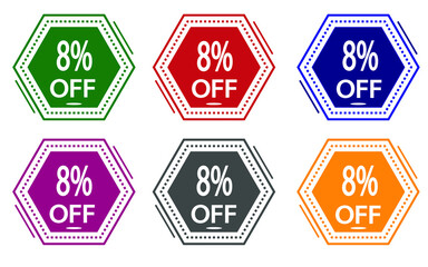 8% discount on colored label. special offer icon for stores green, red, blue, pink, gray and orange.