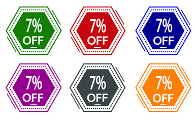7% discount on colored label. special offer icon for stores green, red, blue, pink, gray and orange.