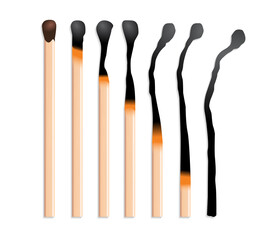 Matches ignite burn mockup set realistic. set 

of burnt match at different stages isolated 

on white background. opened blank box of 

brown matches with burned.
