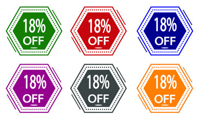 18% discount on colored label. special offer icon for stores green, red, blue, pink, gray and orange.
