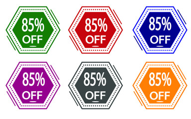 85% discount on colored label. special offer icon for stores green, red, blue, pink, gray and orange.