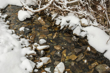 A stream in the snow in winter.