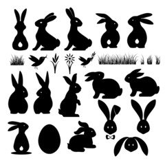 Happy easter set. Rabbit silhouettes on white background.