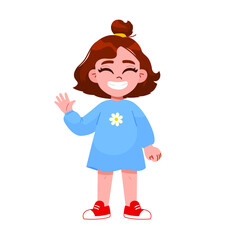 Cute happy kid girl raising and waving hands greeting in expressions and poses. smiling little girl vector character Illustration.
