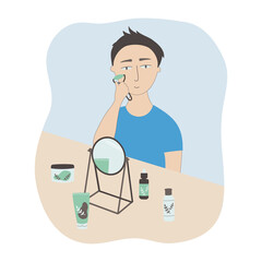 illustration of a young man and his beauty skin care routine. Man taking care of his skin and doing facial massage.