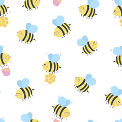 seamless pattern of cute cartoon honey bees on a white background.