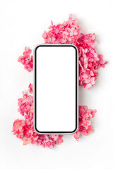 Fototapeta na wymiar Smartphone mockup with pink flowers. Device screen mockup on stylish background for presentation or app design