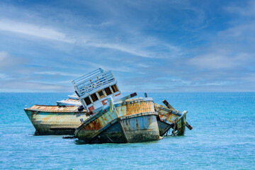 Beautiful view of old shipwreck in the middle of Chonburi sea with sky and background. Tropical,...