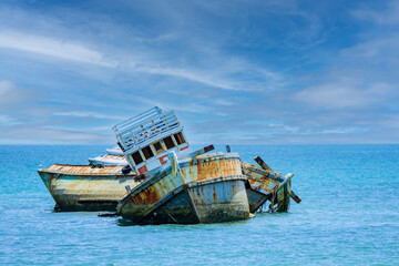 Beautiful view of old shipwreck in the middle of Chonburi sea with sky and background. Tropical, outdoor concept, Landmark, Chonburi, Thailand Location.