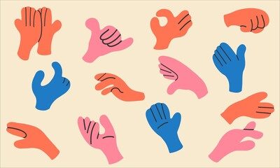 Obraz premium Big set of cartoon hands showing different gestures. Flat design, cartoon, vector illustration. All elements are isolated.