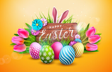 Vector Happy Easter Holiday Illustration withPainted Egg, Tulip and Spring Flower on Yellow Background. Easter Day Holiday Design for Flyer, Greeting Card, Banner, Poster or Party Invitation.