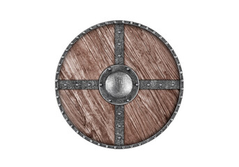 Old wooden round shield isolated on white background