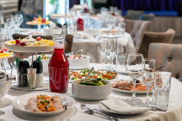 Delicious food on catering buffet for events, white bright background
