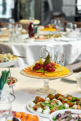 Delicious food on catering buffet for events. white table cloth
