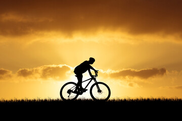Fototapeta na wymiar Silhouette of a cyclist in a beautiful evening meadow. bike vacation ideas