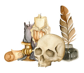 Vintage composition with watercolor skull, candles, feather, scroll - 496471323