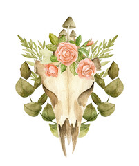 Watercolor deer skull and vintage flowers - 496471329