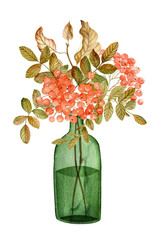 Vintage bouquet with rowan berries. Watercolor autumn aesthetic - 496471334