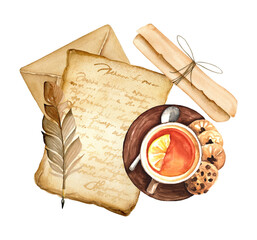 Vintage compoition with watercolor scroll, feather, tea, letter - 496471335