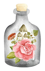 Vintage bouquet in a glass bottle with roses, pumpkin and rowan berries. Watercolor autumn aesthetic - 496471338