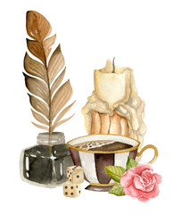 Vintage compositions with candle, feather, cup of coffe, rose, dices - 496471341