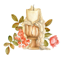 Vintage candle, rowan berries and rose. Watercolor autumn aesthetic - 496471343