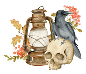 Vintage composition with raven, skull, rowan berries and old lantern