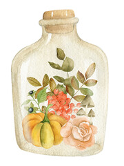 Vintage bouquet in a glass bottle with roses, pumpkin and rowan berries. Watercolor autumn aesthetic - 496471350