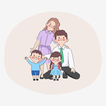 Happy family. Father, mother and children. Vector illustration of a cartoon hand drawn style