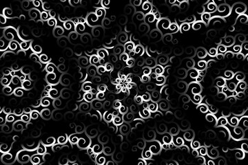 seamless circular circle  Black and white caleidoscope gradient flower art pattern of indonesian traditional tenun batik ethnic dayak ornament for wallpaper ads background 
