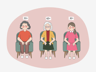 Elderly woman and young woman sitting at sofa seat hand drawn cartoon character.