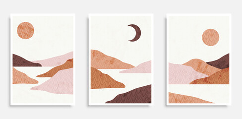 Abstract aesthetic landscape poster set with mountains, sun, moon, sea and wave pattern. Wall art, home decor. Vector EPS 10
