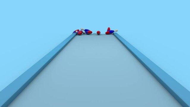 3d animation of bowling games. A ball with the texture of the flag of Ukraine knocks down pins with the flag of Russia. The idea of a military conflict between Ukraine and Russia.