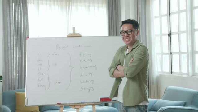 Asian Male Teacher With Glasses Crossing Arms And Smiling To Camera While Teaching English At Home
