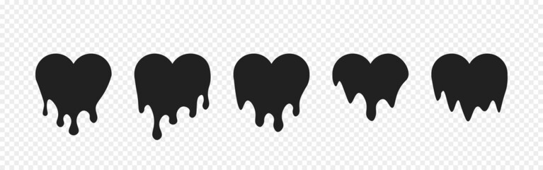 Paint dripping heart set. Dripping ink. Melted heart. Black liquid drops. Melting paint. Vector EPS 10