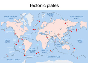 Map of Earth's principal tectonic plates. - obrazy, fototapety, plakaty