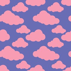 Pink clouds on the blue sky. Bessy pattern. Flat design, cartoon, vector illustration. All elements are isolated.