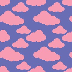 Pink clouds on the blue sky. Bessy pattern. Flat design, cartoon, vector illustration. All elements are isolated.
