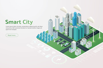 Smart city high-rise buildings, electric vehicle charging stations Wind turbines and solar panels.