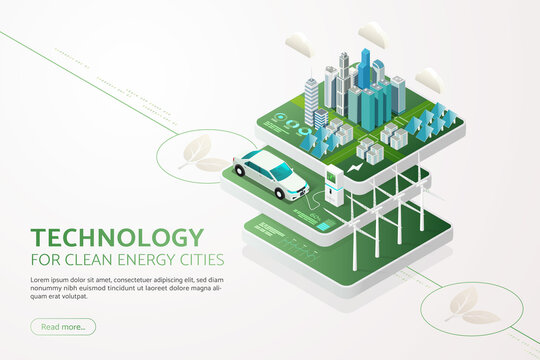 Green city generates electricity with solar panels and wind turbines Clean energy EV car Charge battery